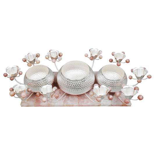 Centerpiece Three Bowl with Candle Holder Set on Rose Quartz Base