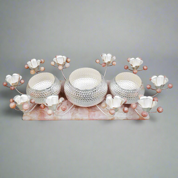 Centerpiece Three Bowl with Candle Holder Set on Rose Quartz Base