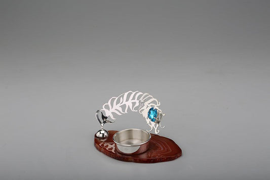 Peacock Feather Tee Light Holder on Agate Stone Sterling Silver