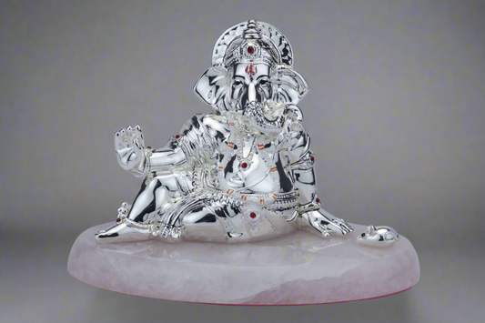 Silver Lord Ganesha Sukhasan On Rose Quartz
