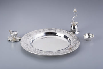 Lotus Puja Thali Set with Rose Quartz Bud Set of 4 Sterling Silver