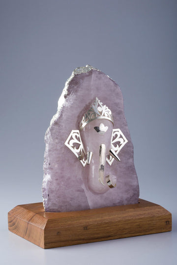 Hand Carved Rose Quartz Abstract Ganesha with Silver Jewellery Sterling Silver