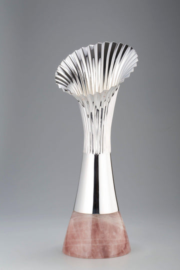 Ribbed Long Vase with Rose Quartz Stone Base Sterling Silver