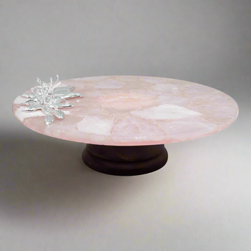 Rose Quartz Flower Round Cake Platter with wood base