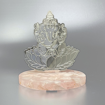 Lord Ganesha Silver Plated on Rose Quartz Stone Base