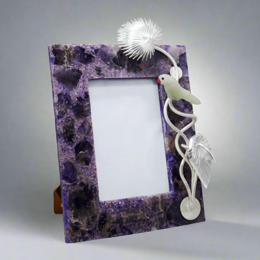 Amethyst Photo Frame With Silver Plated Floral and Parrot