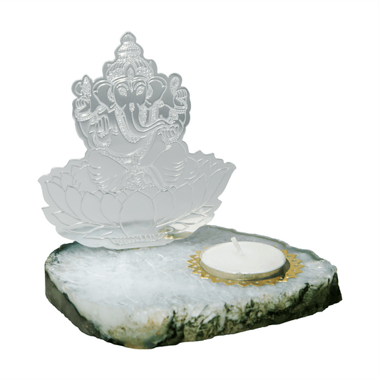 Lord Ganesha Silver Plated Tea Light on Agate Base