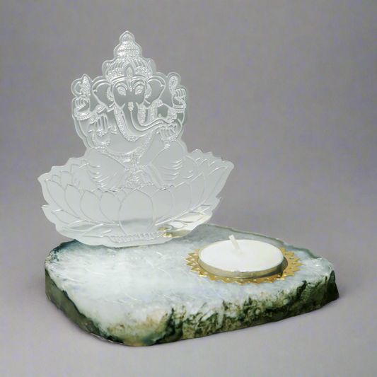 Lord Ganesha Silver Plated Tea Light on Agate Base