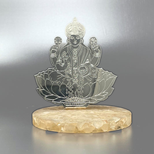 Lord Maha Laxmi Silver Plated on Rose Quartz Stone Base