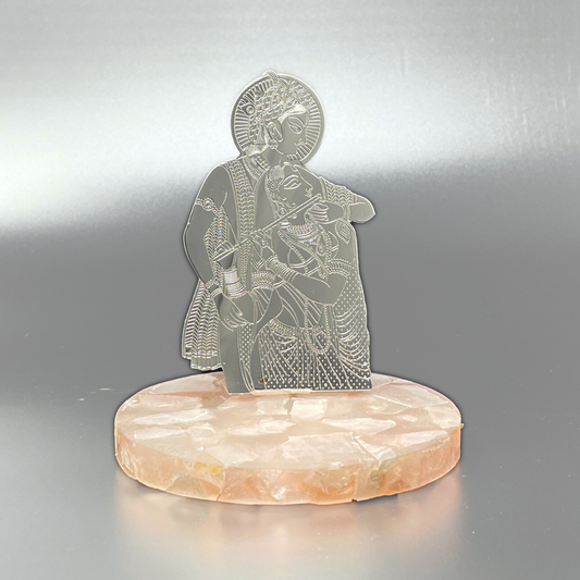 Radha Krishna Ji Silver Plated on Rose Quartz Stone Base