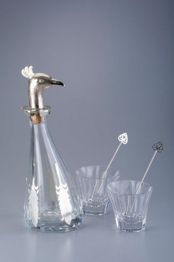 Peacock Decanter Set with 2 Glasses and 2 Stirrers Sterling Silver