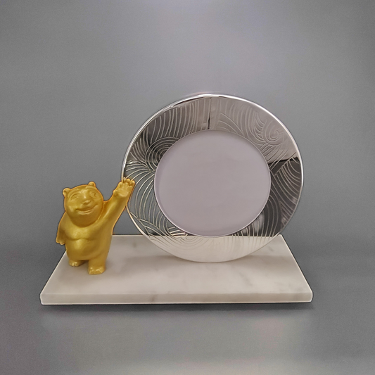 Wave Detailing Photo frame with Golden Teddy on white Marble