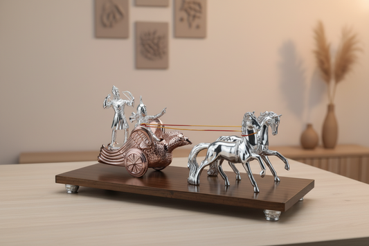 Lord Krishna and Arjun Rath Chariot Horse on Wooden Base