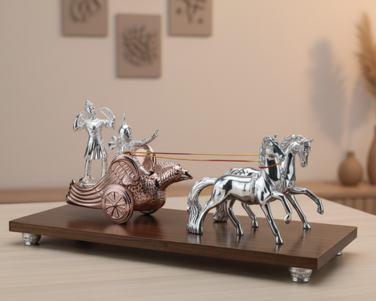 Lord Krishna and Arjun Rath Chariot Horse on Wooden Base