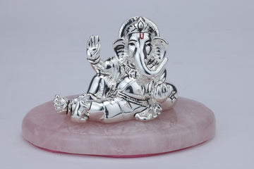 Silver Ganesh Anand on Rose Quartz Base