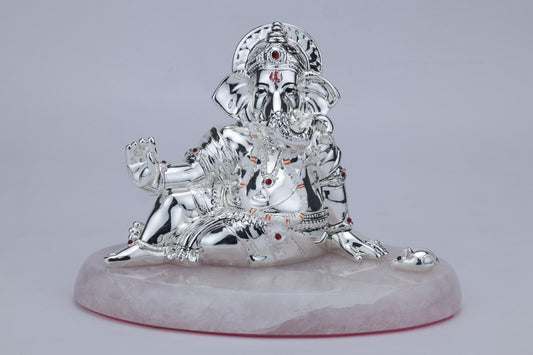 Silver Lord Ganesha Sukhasan On Rose Quartz