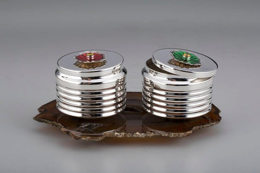 Line Jars with Enamelled Flower Know on Semi Precious Stone Platter Set of 3 Sterling Silver