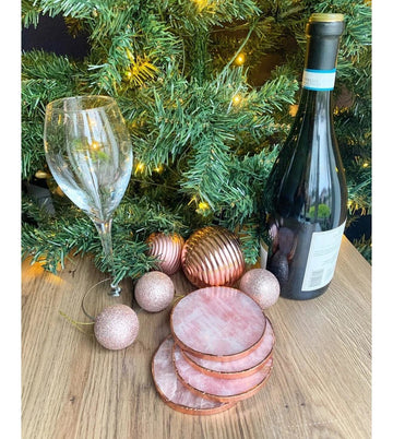 Rose Quartz Round Coaster With Copper Gilded (Set of 4)