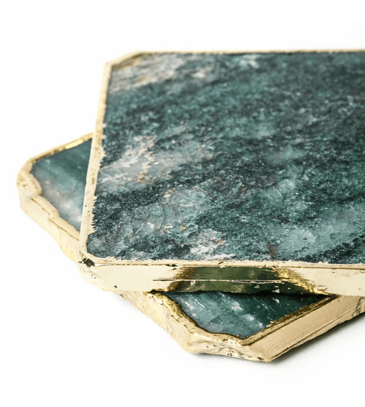 Green Aventurine Coaster with Golden Gilded (Set of 4)