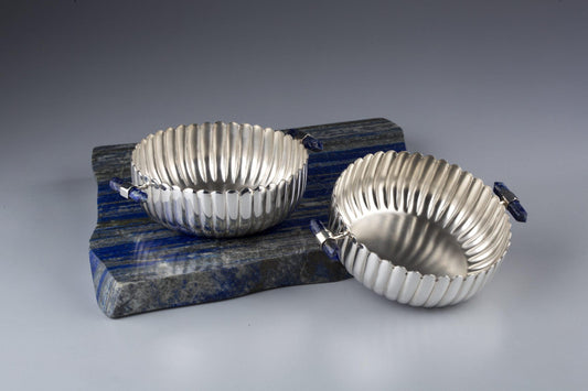 Ribbed Nut Bowls with Lapiz Stone Handles Set of 2 Sterling Silver