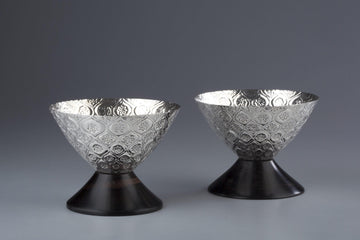 Mughal Inspired Nut Bowls with Ebony Wood Base Set of 2 Sterling Silver