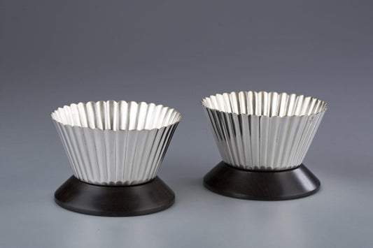 Ribbed Nut Bowls with Ebony Wood Base Set of 2 Sterling Silver