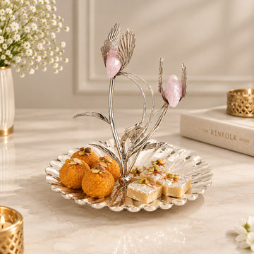 Line hammered platter with Two Pink bird