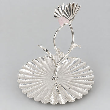 Line hammered platter with Pink bird