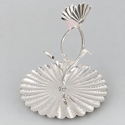 Line hammered platter with Pink bird