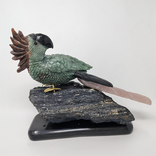 Green Jade Parrot Perched on Tourmaline Gemstone