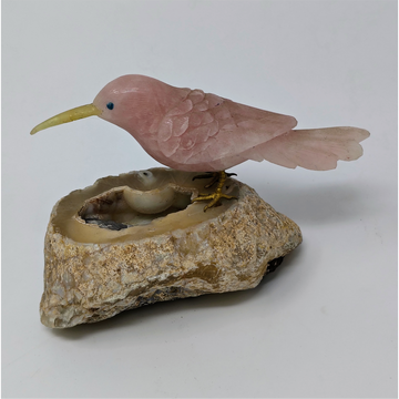 Rose Quartz Hummingbird Perched on Natural Agate