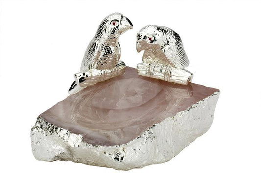 Two Big Parrot Platter on Silver Gilded Quartz