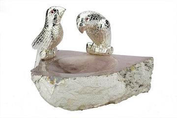 Two Small Parrot Platter on Silver Gilded Rose Quartz