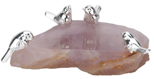 Four Playful Bird on Large Rose Quartz Scoop