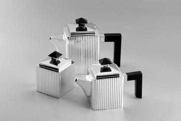 Ribbed Tea Set with Ebony Wood Handle Set of 3 Sterling Silver