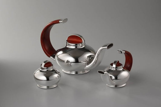 English Classic Tea Set with Red Wood Handles Set of 3 Sterling Silver