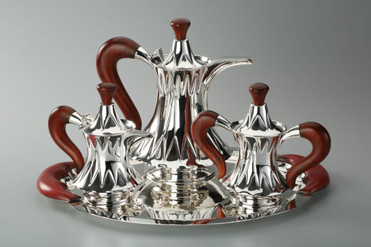 Mughal Inspired Tea Set with Red Wood Handles Set of 4 Sterling Silver