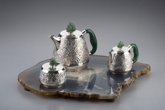 Flower Tea Set with Indian Jade Stone Handles Set of 3