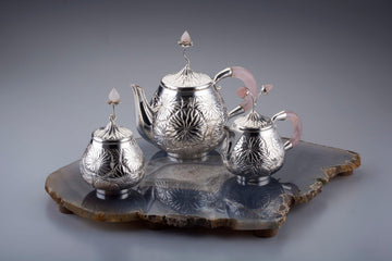 Lotus Leaf Tea Set with Rose Quartz Stone Handles Set of 3