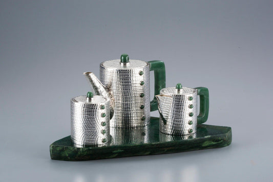 Chequered Tea Set with Indian Jade Stone Handles Set of 3