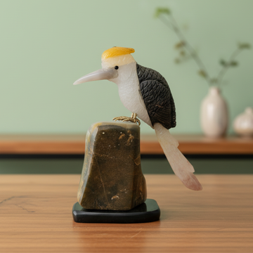 White Quartz Kingfisher Perched on Tiger Eye Stone