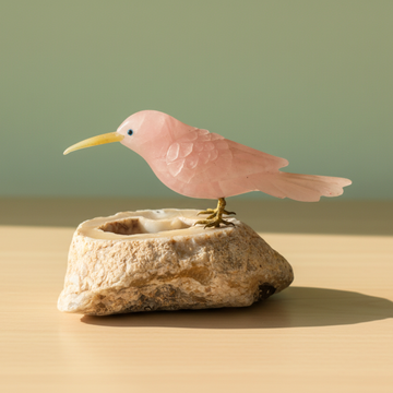 Rose Quartz Hummingbird Perched on Natural Agate