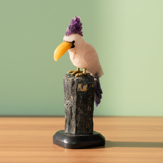 Rose Quartz Toucans Sculpture Bird on Black Tourmaline Stone