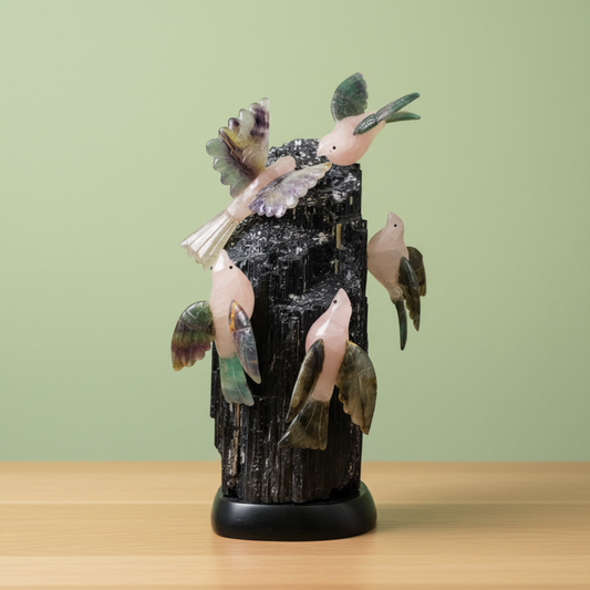 Rose Quartz Birds Figurines on Black Tourmaline Stone