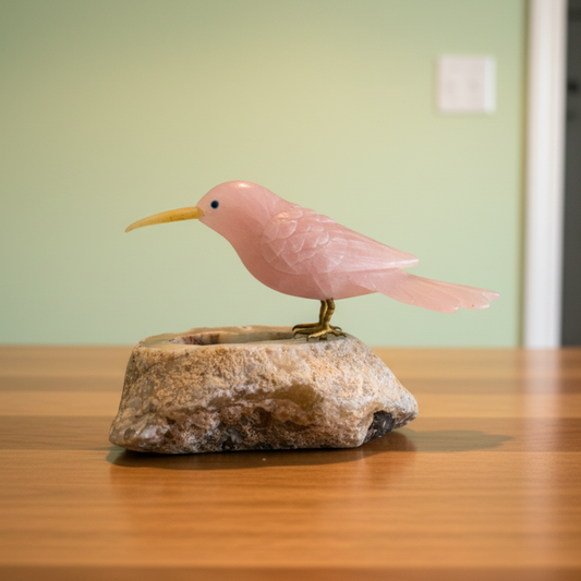 Rose Quartz Hummingbird Perched on Natural Agate