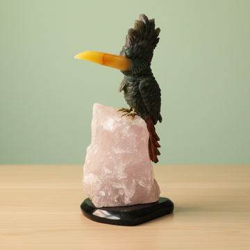 Green Jade Toucans Perched on Rose Quartz