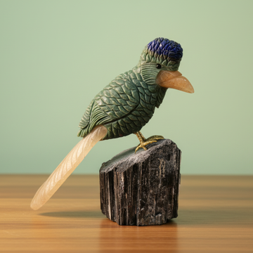 Green Jade Bird Sculpture Carving on Black Tourmaline