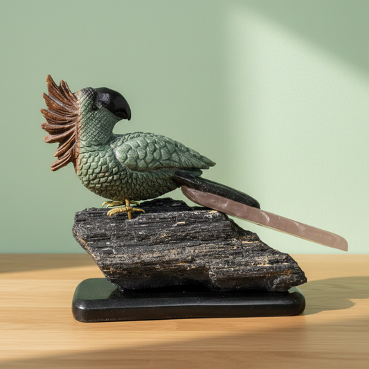 Green Jade Parrot Perched on Tourmaline Gemstone