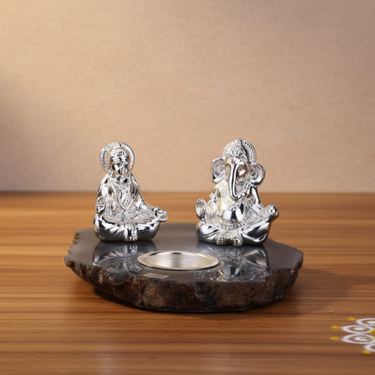 Lakshmi Ganesha Sitting Pair on Agate Tea Light Holder