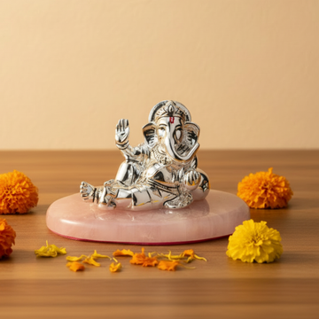 Silver Ganesh Anand on Rose Quartz Base